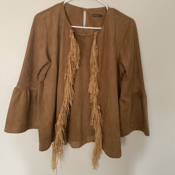 J McLaughlin Women’s Suede Open Front Fringe Top Size Small Bell Sleeve - Picture 1 of 7